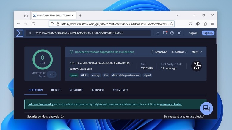 Runtime Broker virus test result by VirusTotal