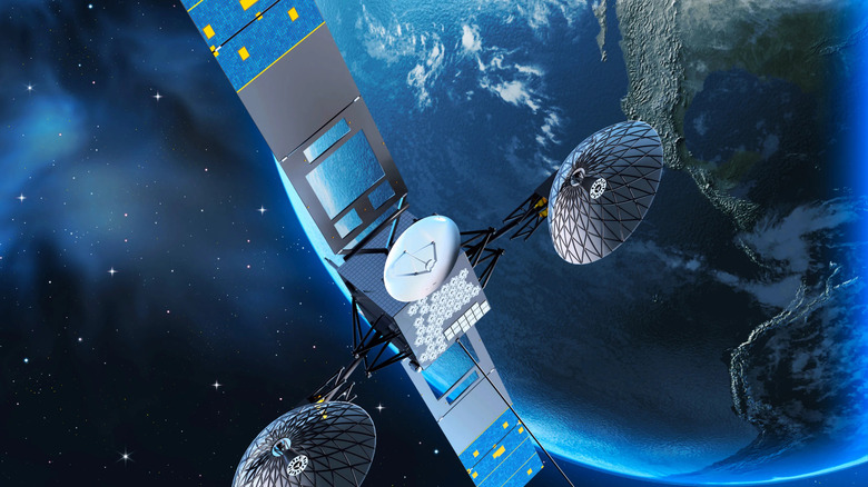 A render of the NASA Tracking and Data Relay Satellites in Earth's orbit