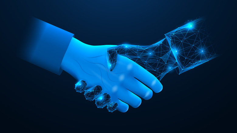 A digital illustration of a human shaking hands with an AI hand