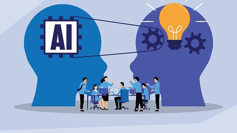 An illustration depicting humans and AI working together in a business setting