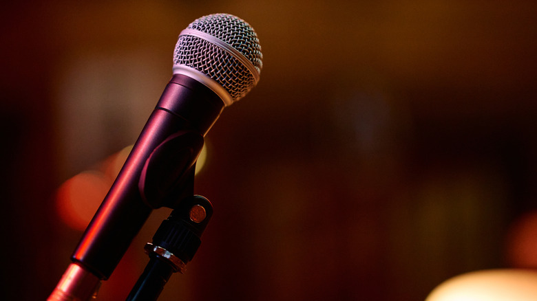 A dynamic microphone on a stand.