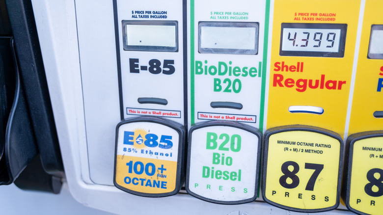 Various ethanol blend options at a gas station