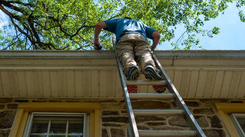 Man on a ladder cleans the gutters at a suburban home