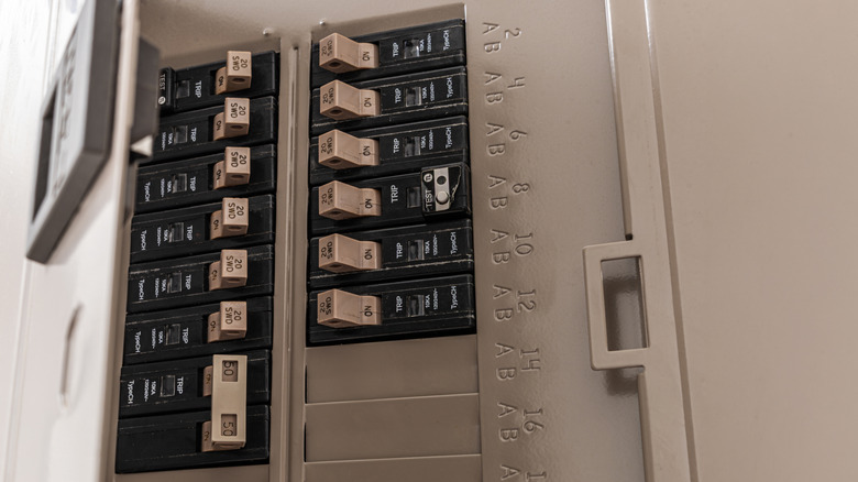 A panelboard (breaker box) housing Eaton CH breakers