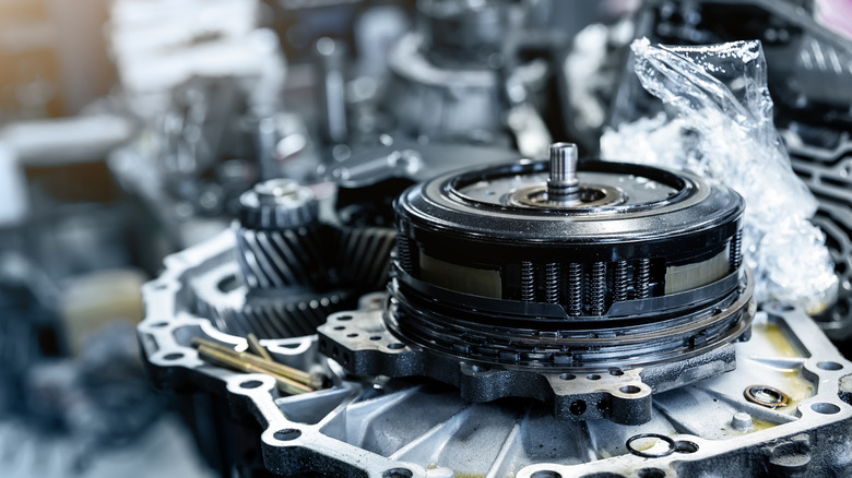 Disassembled automatic transmission showing gearbox internals