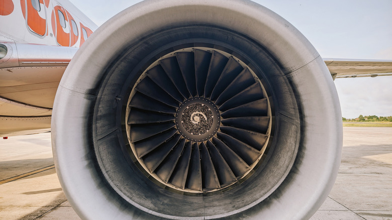 A close-up of a CFM 56 engine on an airliner