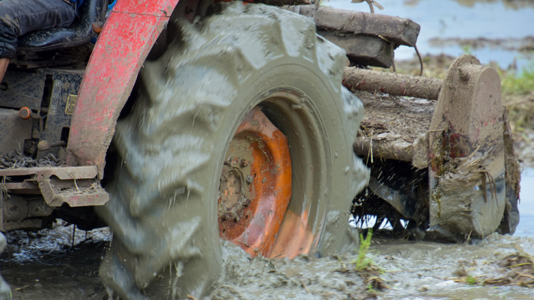 A tractor wheel covered in mud.