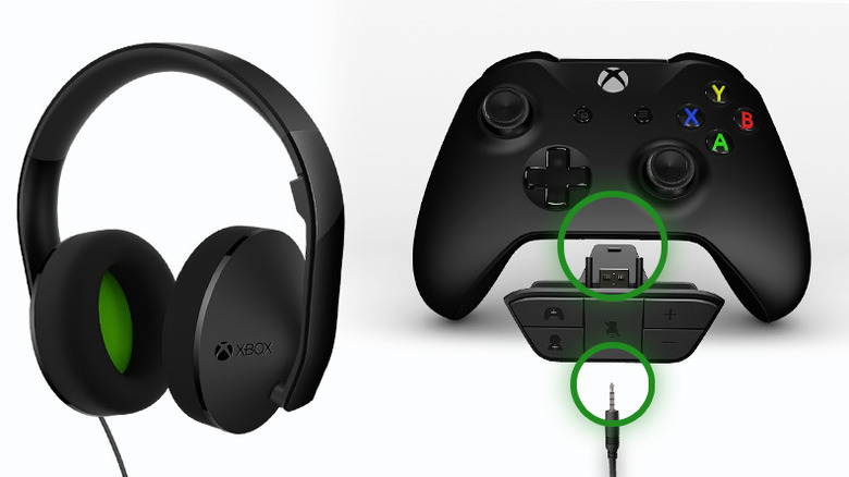 An Xbox One Controller, headset, and adapter being plugged into the Expansion port.