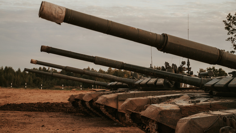 Another row of tanks showing turrets equipped with bore evacuators (fume extractors) use to keep crews safe.