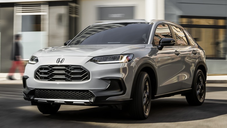 Front 3/4 view of gray Honda HR-V in city setting