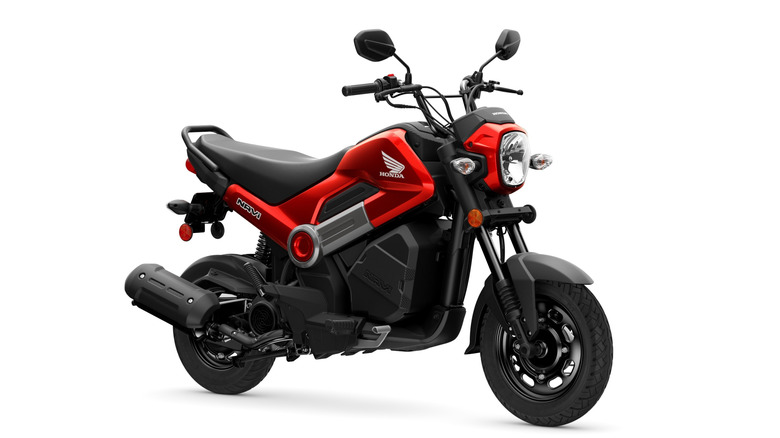 Front 3/4 view of red Honda miniMOTO Navi motorcycle