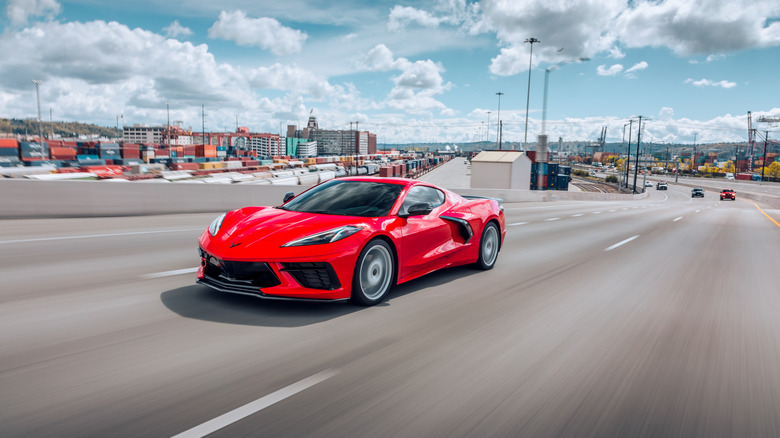 A Chevrolet Corvette C8 on the highway.