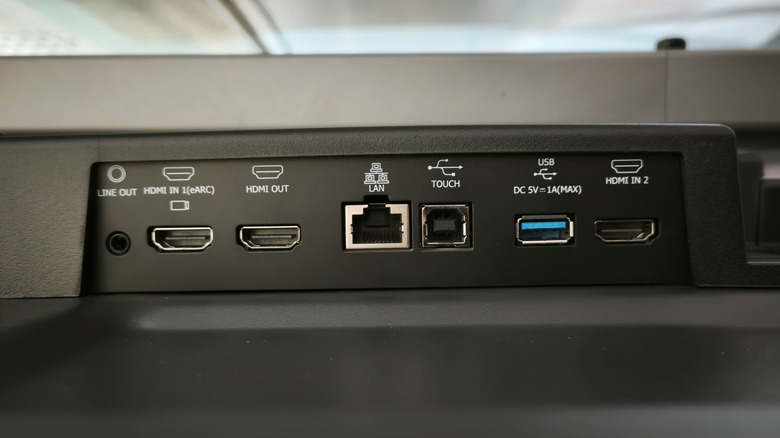 Close-up of a monitor's hub including an Ethernet port