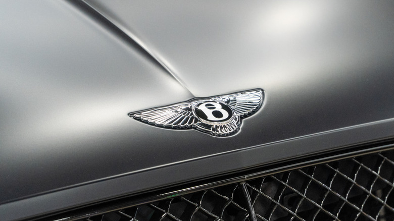 The winged Bentley logo on the hood of an unidentified matte gray Bentley model