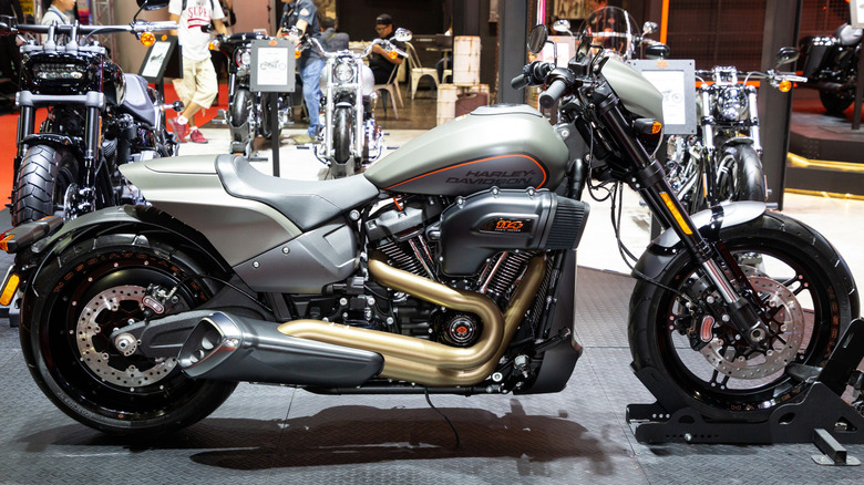 Side shot of the Harley-Davidson softail FXDR 114 on show.