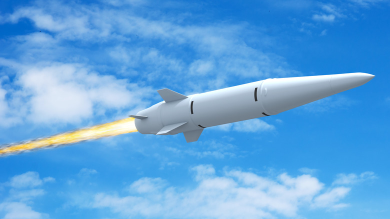 A rendering of a Russian Kh-47 Kinzhal or Killjoy hypersonic missile in the sky.