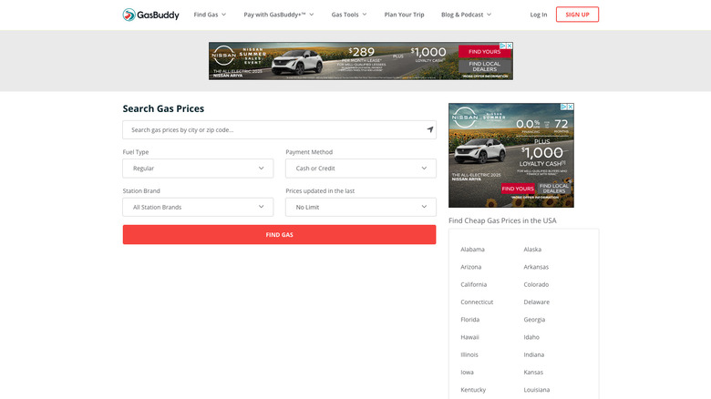GasBuddy search for gas prices screen