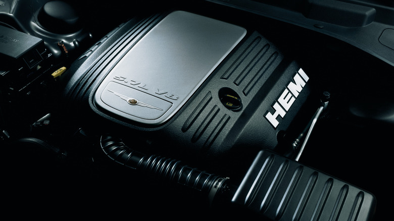 Overhead view of 5.7-liter HEMI V8 under the hood of Chrysler 300C.