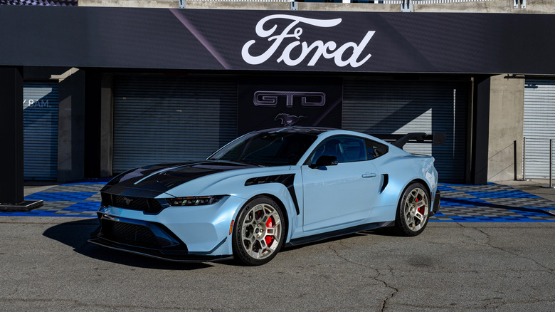 Front 3/4 shot of the 2025 Ford Mustang GTD in light blue
