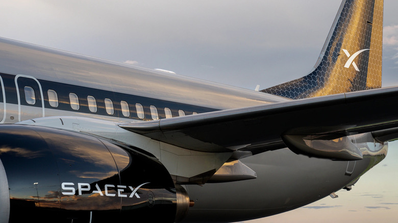 A business jet with the SpaceX logo printed on it