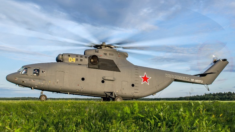 A Russian Air Force Mil Mi-26 on grass