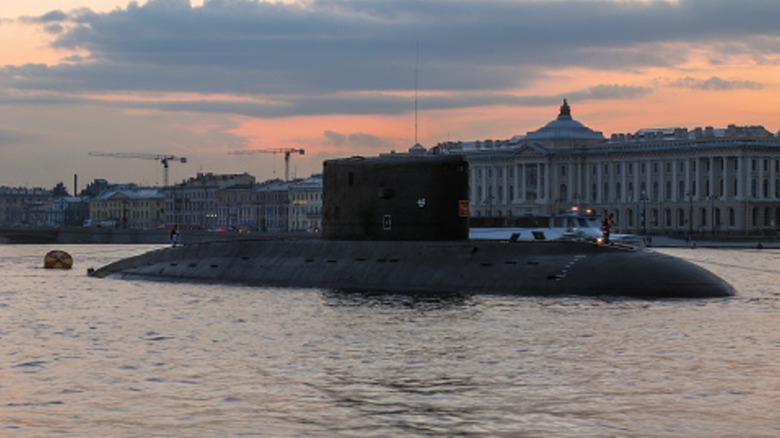 Russian submarine surfaced in front of Russian building