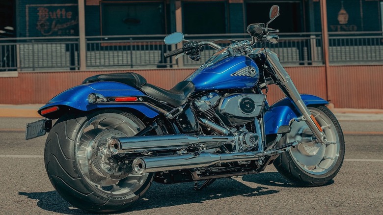 A blue Harley-Davidson Fat Boy parked on the side of the road with rustic building in the background.