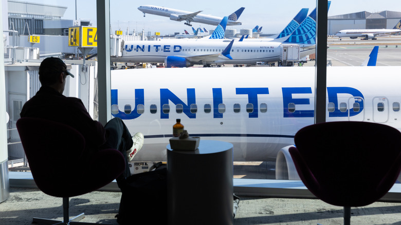 Person looking at United Airlines planes from an airport terminal