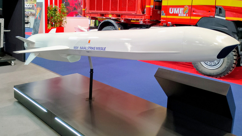 A Naval Strike Missile on display.