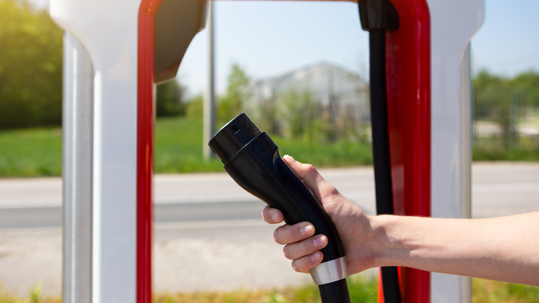 Man holding Tesla charger