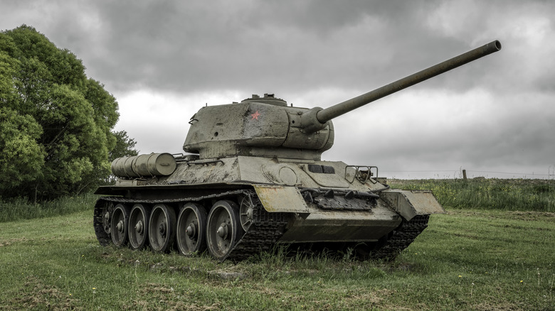 Soviet T-34 tank on display in a field