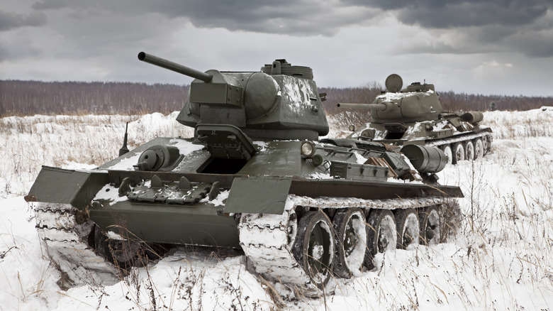 T-34 tanks in a snowy field
