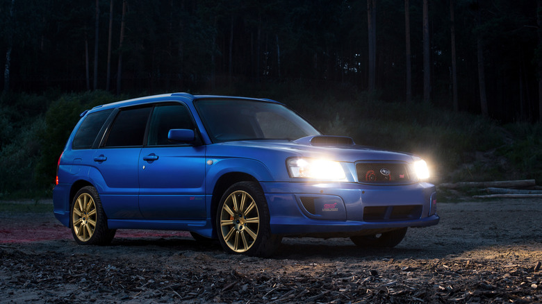 Subaru Forester STI in World Rally Blue, front 3/4 view