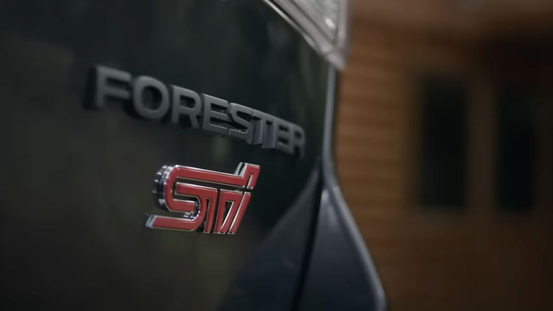 Subaru Forester STI Sport badge up close, front 3/4 view