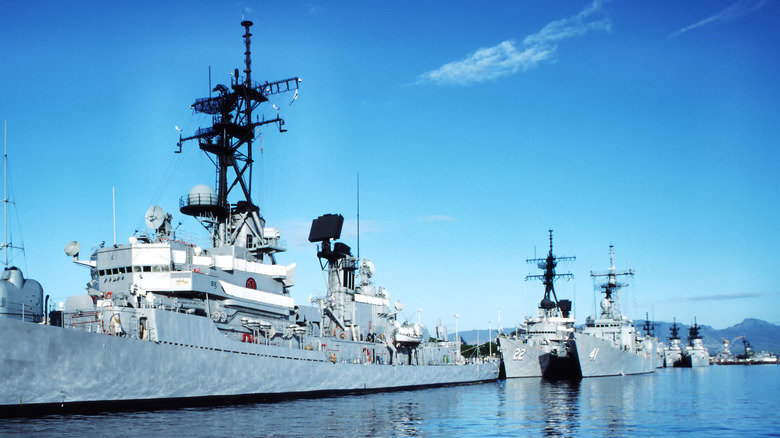 Pearl Harbor Battleship Row, US navy ships anchored in port