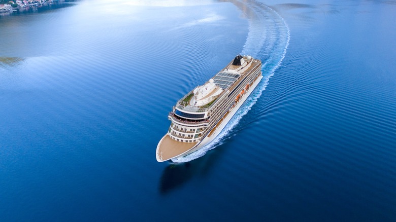 A big cruise making a turn as it approaches the port