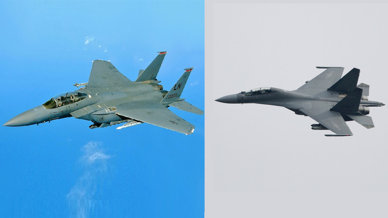 Side-by-side images of F-15E jet against blue sky, J-16 jet against gray sky