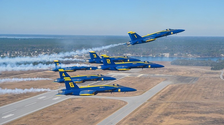 Six Blue Angel Boeing Super Hornets flying in formation