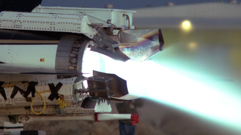 NASA's F/A-18 High Alpha Research Vehicle "Silk Purse" performing a thrust vectoring test on the ground.