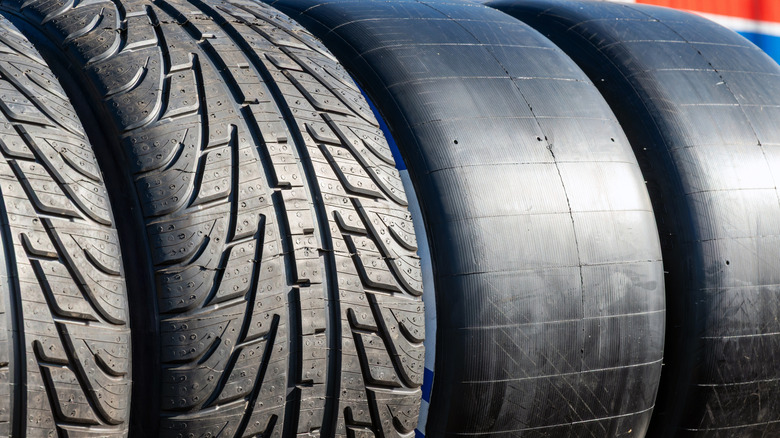 Street tires and racing tires shown side by side