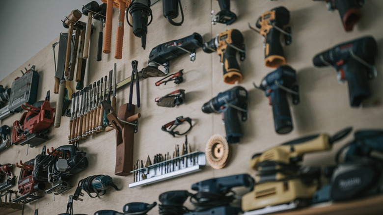 Hand tools and work bench in a carpentry shop