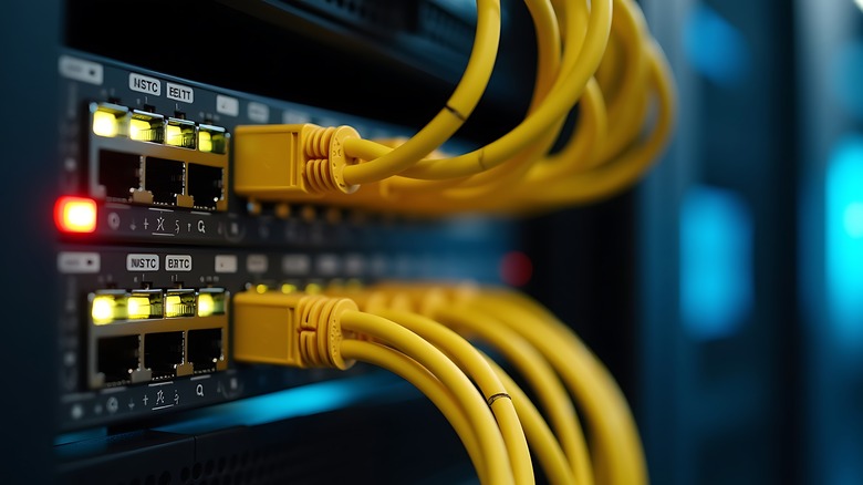 Yellow ethernet cables connected to the data center
