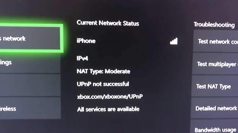 the xbox networking menu showing the upnp settings