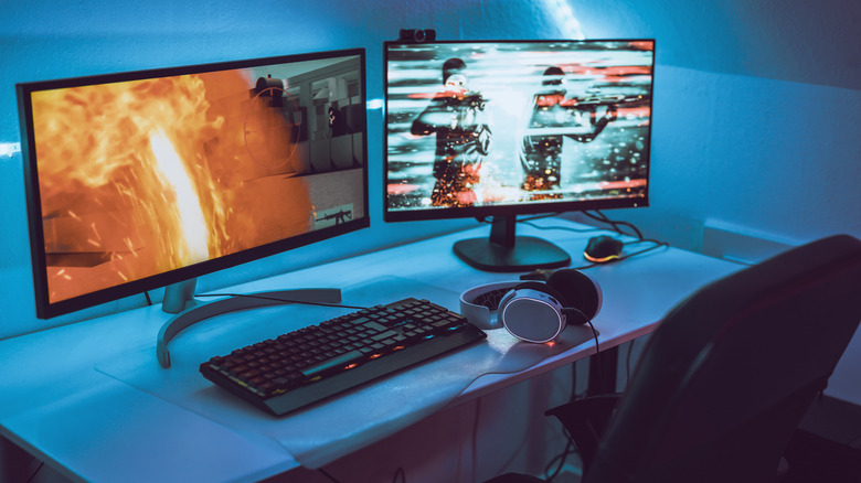 dual gaming monitors on desk