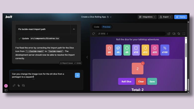 Screenshot of Bolt showing dialog reporting an error on the left side, and its dice-rolling app on the right.