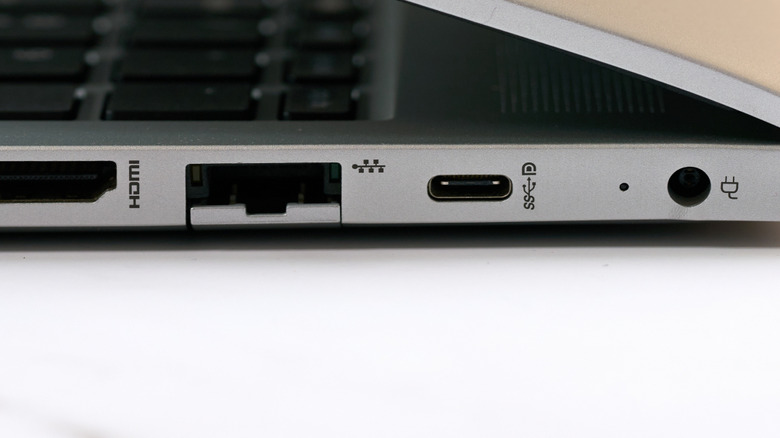 Close up detail of the side panel connectivity on a modern laptop