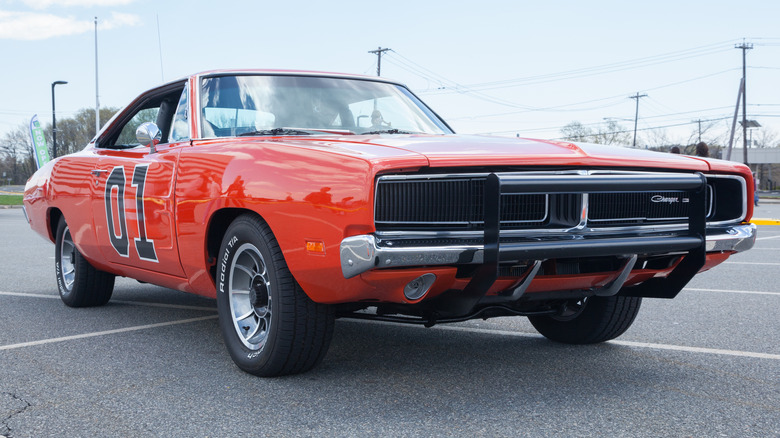 Replica General Lee Dodge Charger from "The Dukes of Hazzard", front 3/4 view, bash bar included