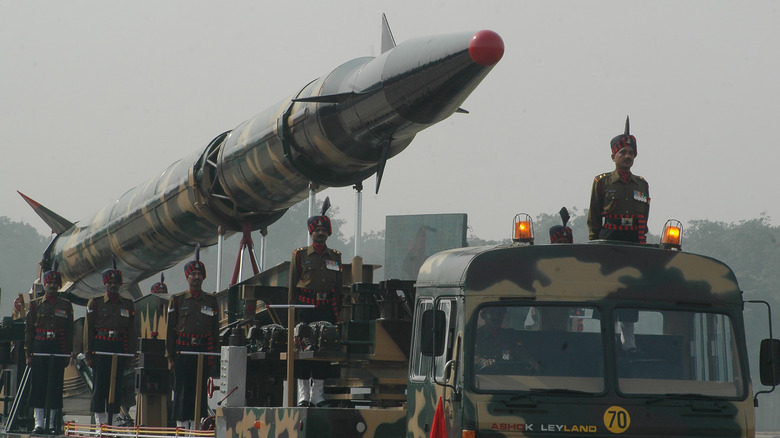 India's truck-mounted Igni ballistic missile fitted to road transporter, front-right view