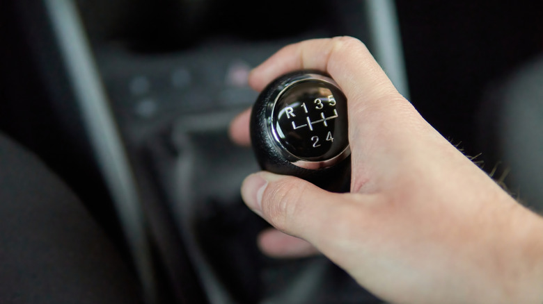 Driver holding the gear shift lever in a manual car