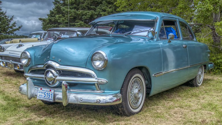 Blue 1949 Ford outdoors